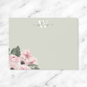 Girly Green Pink Monogram Floral Post-It Notes