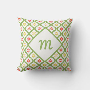 Girly Green Quatrefoil Cute Daisies and Monogram Cushion