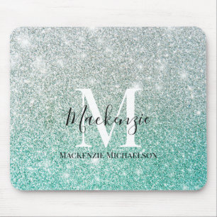 Girly Green Silver Ombre Glitter Monogram Name  Mouse Mat