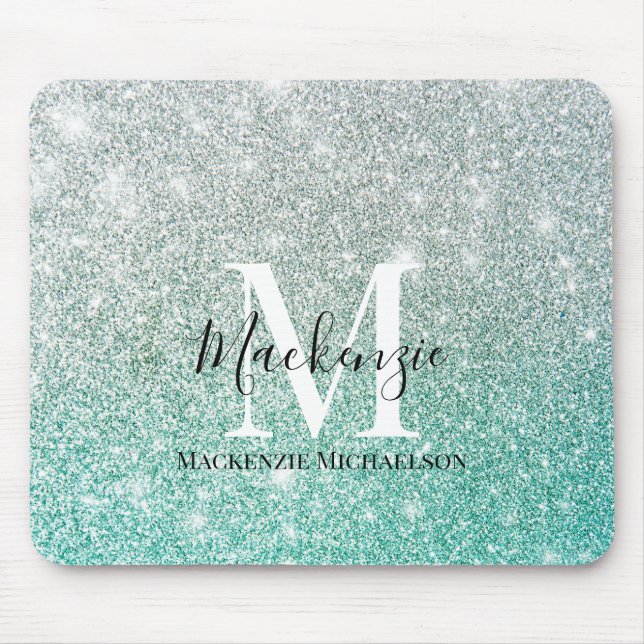 Girly Green Silver Ombre Glitter Monogram Name  Mouse Mat (Front)