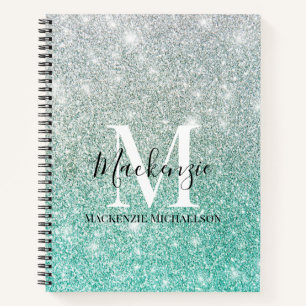 Girly Green Silver Ombre Glitter Monogram Name Notebook