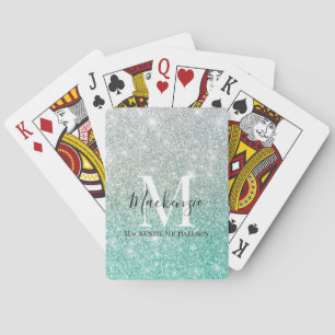 Girly Green Silver Ombre Glitter Monogram Name   Playing Cards