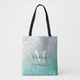 Girly Green Silver Ombre Glitter Monogram Name   Tote Bag