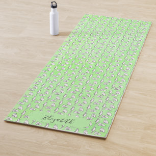 Girly Green Watercolor Cats Custom Name Yoga Mat