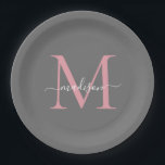 Girly Grey Blush Pink Monogram Trendy Script Name Paper Plate<br><div class="desc">Simple Modern Trendy Grey Blush Pink Monogram Modern Feminine Script Name Paper Plate</div>