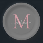 Girly Grey Blush Pink Monogram Trendy Script Name Paper Plate<br><div class="desc">Simple Modern Trendy Grey Blush Pink Monogram Modern Feminine Script Name Paper Plate</div>