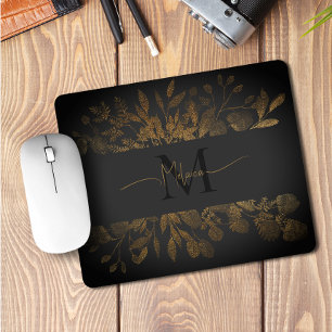 Girly Grey & Gold glitter Vintage floral Monogram Mouse Mat