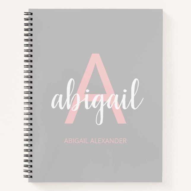 Girly Grey Pink Stylish Modern Monogram Name Notebook (Front)