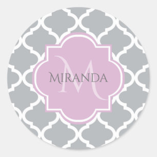 Girly Grey Quatrefoil Lavender Monogram and Name Classic Round Sticker