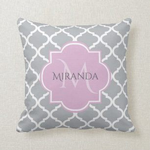 Girly Grey Quatrefoil Lavender Monogram and Name Cushion