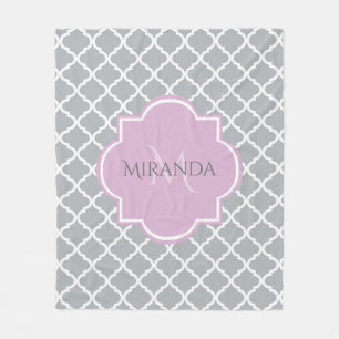 Girly Grey Quatrefoil Lavender Monogram and Name Fleece Blanket