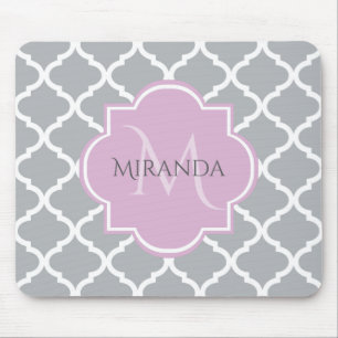 Girly Grey Quatrefoil Lavender Monogram and Name Mouse Mat