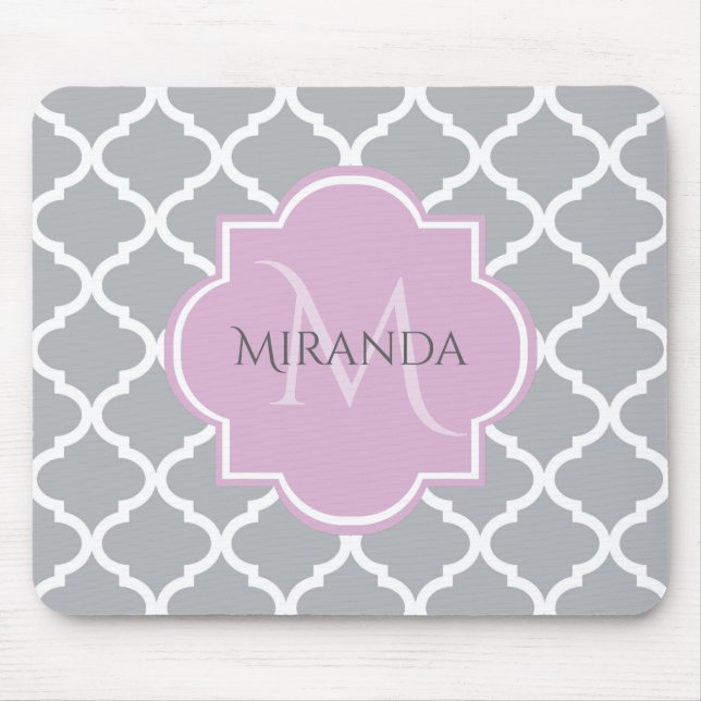Girly Grey Quatrefoil Lavender Monogram and Name Mouse Mat (Front)