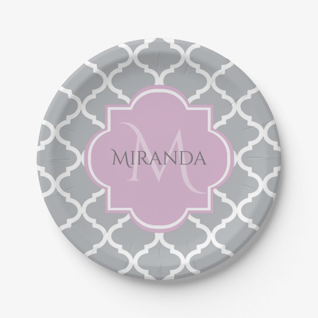 Girly Grey Quatrefoil Lavender Monogram and Name Paper Plate (Front)