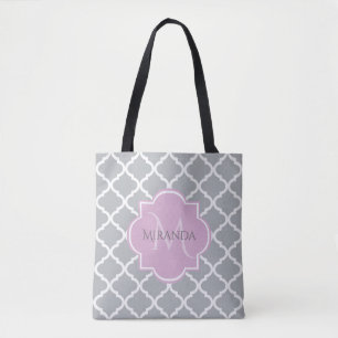 Girly Grey Quatrefoil Lavender Monogram and Name Tote Bag
