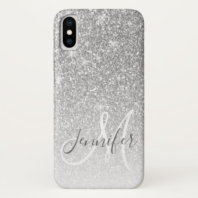 Girly Grey Silver Glitter Sparkle Monogram Name Case-Mate iPhone Case (Back)
