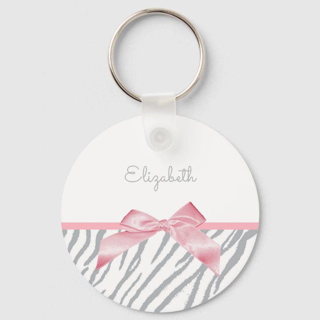 Girly Grey Tiger Stripes Animal Print With Name Key Ring (Front)