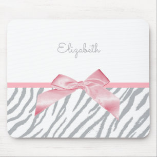 Girly Grey Tiger Stripes Animal Print With Name Mouse Mat