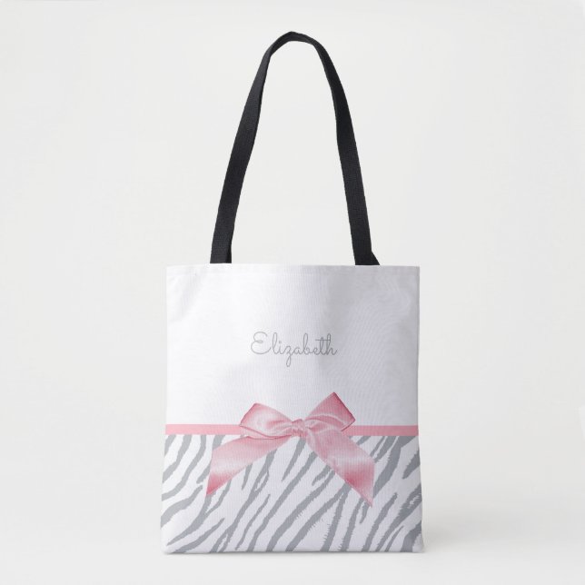 Girly Grey Tiger Stripes Animal Print With Name Tote Bag (Front)