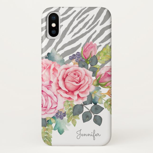 Girly Grey Zebra Print Chic Pink Roses With Name Case-Mate iPhone Case (Back)