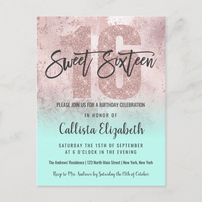 Girly Grunge Rose Gold Mint Glitter Foil Sweet 16 Invitation Postcard (Front)
