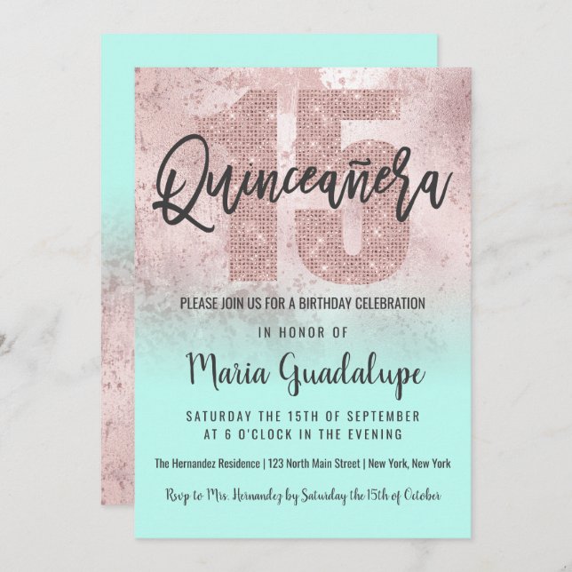 Girly Grunge Rose Gold Mint Glitter Quinceañera Invitation (Front/Back)