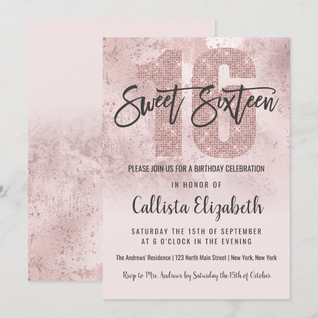 Girly Grunge Rose Gold Pink Glitter Foil Sweet 16 Invitation (Front/Back)