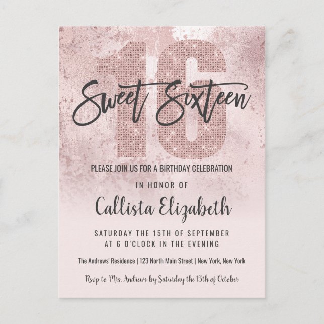 Girly Grunge Rose Gold Pink Glitter Foil Sweet 16 Invitation Postcard (Front)