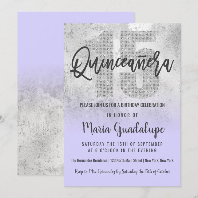Girly Grunge Silver Lilac Glitter Foil Quinceañera Invitation (Front/Back)