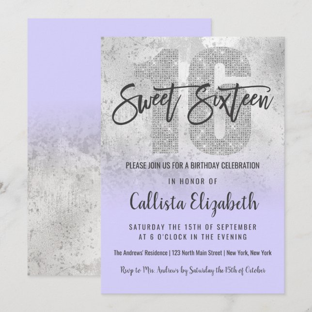 Girly Grunge Silver Lilac Glitter Foil Sweet 16 Invitation (Front/Back)