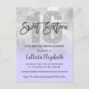 Girly Grunge Silver Lilac Glitter Foil Sweet 16 Invitation Postcard