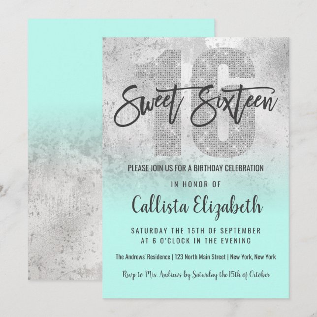 Girly Grunge Silver Mint Glitter Foil Sweet 16 Invitation (Front/Back)