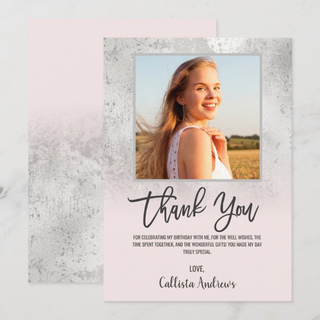 Girly Grunge Silver Pink Glitter Foil Photo Thank  Thank You Card (Front/Back)