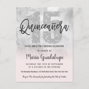Girly Grunge Silver Pink Glitter Foil Quinceañera Invitation Postcard