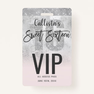 Girly Grunge Silver Pink Glitter Foil Sweet 16 ID Badge