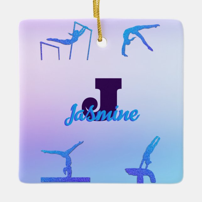 Girly Gymnastics Blue Purple Monogram Personalised Ceramic Ornament (Front)