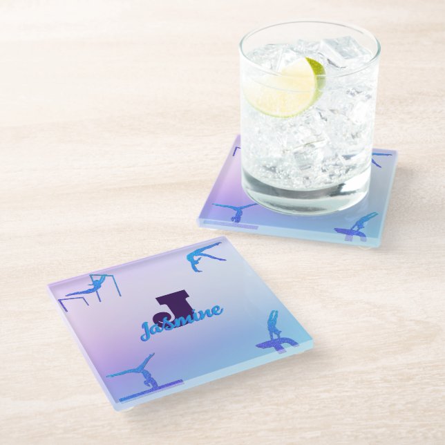 Girly Gymnastics Blue Purple Monogram Personalised Glass Coaster (Angled)
