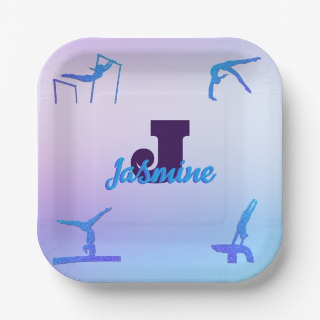 Girly Gymnastics Blue Purple Monogram Personalised Paper Plate (Front)