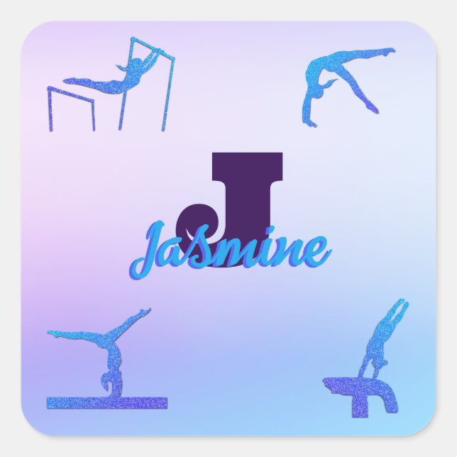 Girly Gymnastics Blue Purple Monogram Personalised Square Sticker (Front)