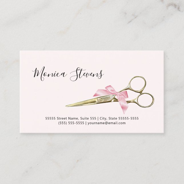Girly Hair Stylist Gold Scissors With Pink Bow Business Card (Front)