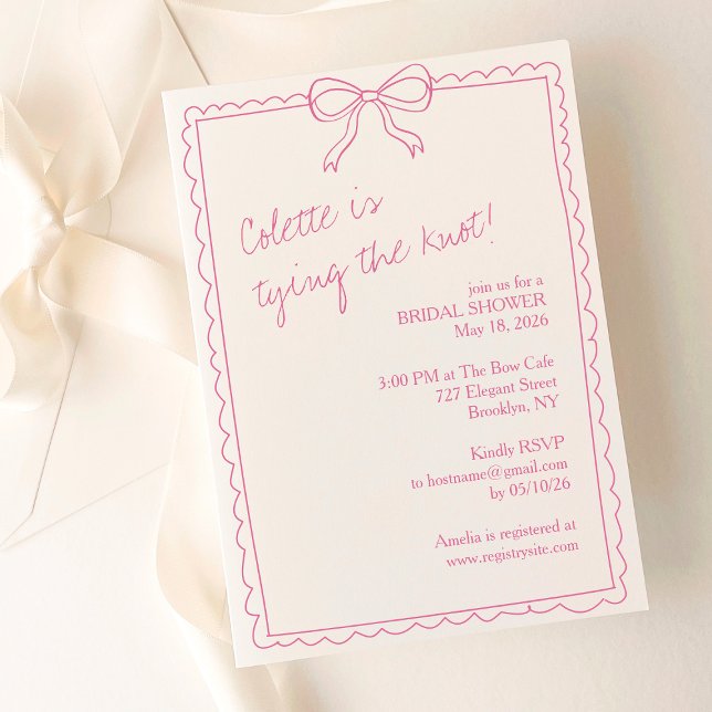 Girly Hand Drawn Bow Elegant Pink Bridal Shower Invitation (A romantic, timeless pink bridal shower invitation with a delicate bow and chic scalloped border.)
