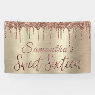 Girly Happy Birthday Sweet 16 Rose Gold Glitter Banner