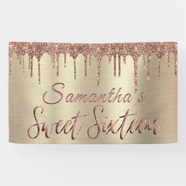 Girly Happy Birthday Sweet 16 Rose Gold Glitter Banner (Horizontal)