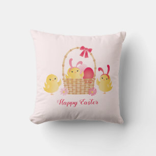Girly Happy Easter Chicks Pink Cushion