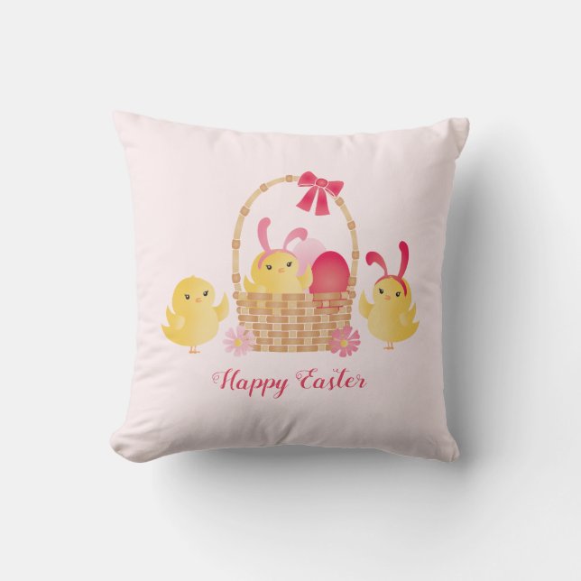 Girly Happy Easter Chicks Pink Cushion (Front)