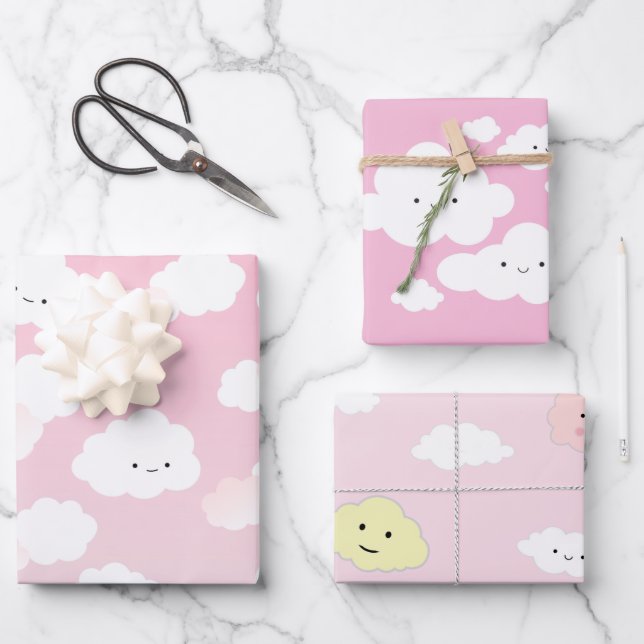 Girly Happy Little Clouds Wrapping Paper Sheet (Front)
