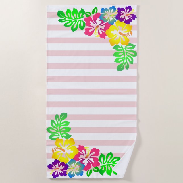 Girly, Hawaii Hibiscus , Stripes Beach Towel (Front)