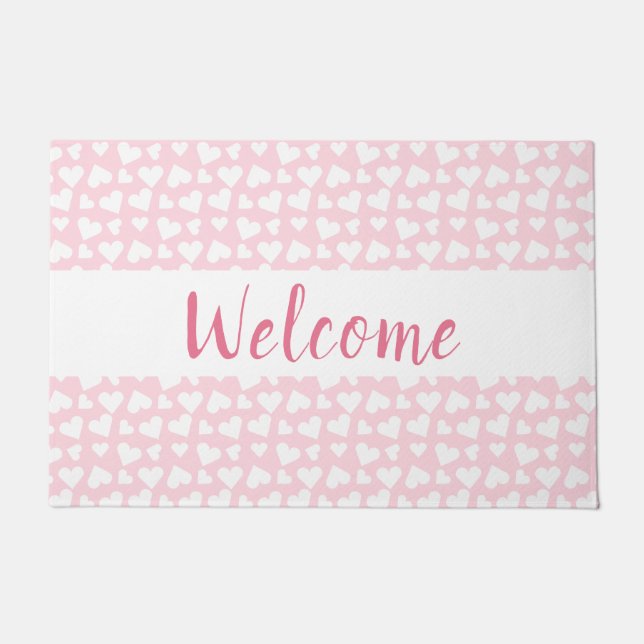 Girly Heart Pattern Pink White Doormat (Front)