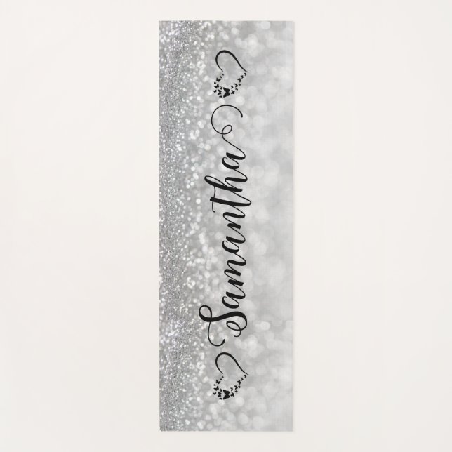 Girly heart silver glitter custom  yoga mat (Front)
