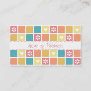 Girly Heart Square Pattern Retro Daisy Flowers Business Card